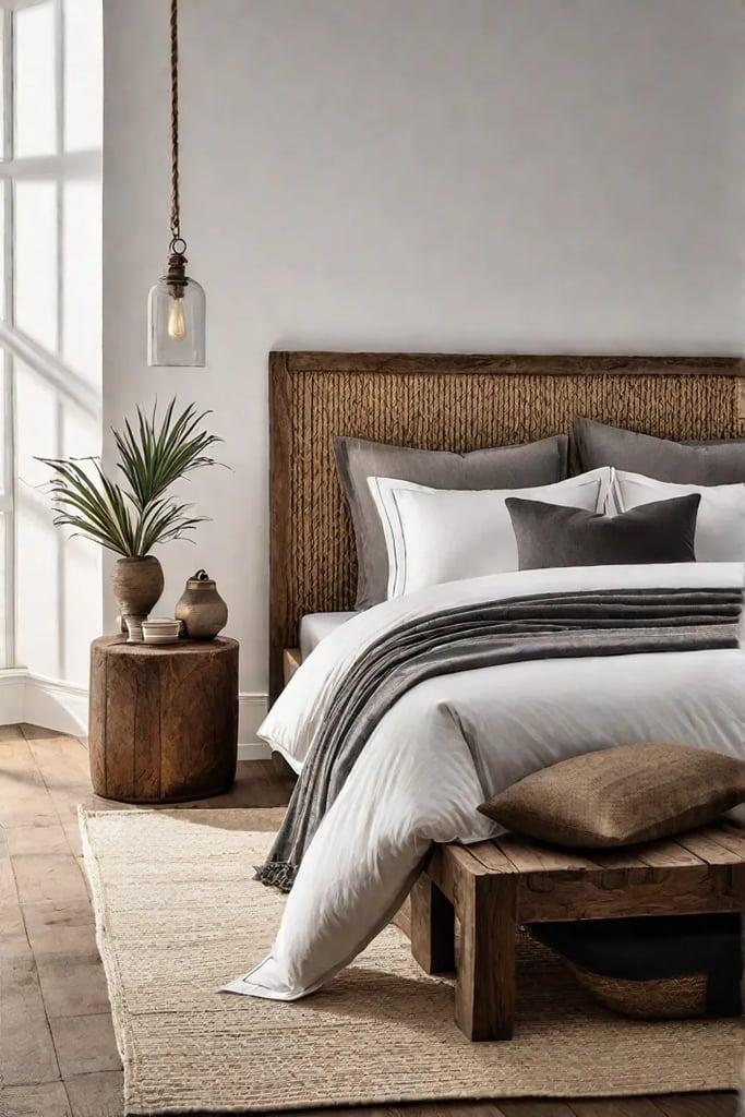 A warm and inviting bedroom with a reclaimed wood bed frame soft