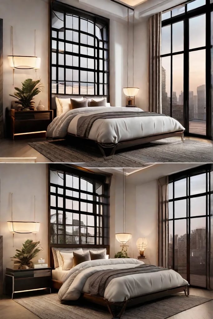 An elegant bedroom corner showing a plush tufted ottoman at the foot