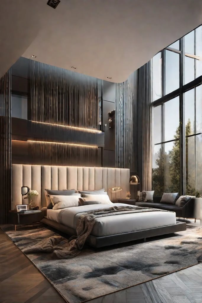 An elegant bedroom featuring a statement designer rug and throw pillows in