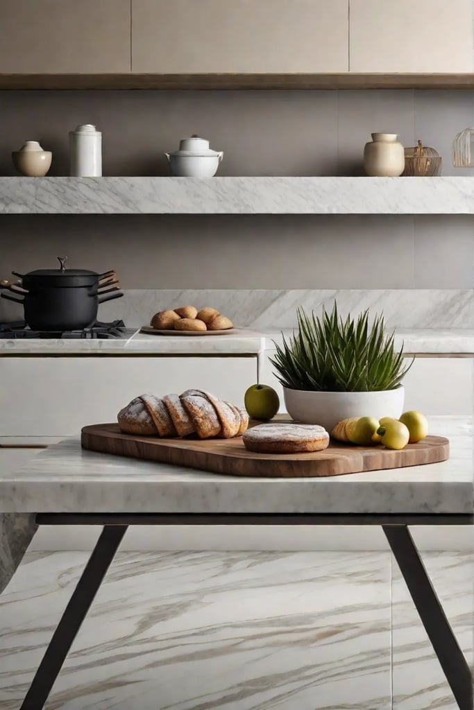 An elegant marble pastry slab on a kitchen island surrounded by natural