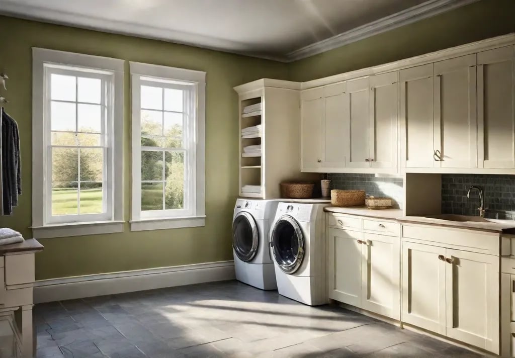An image of an empty clean laundry room with freshly painted wallsfeat
