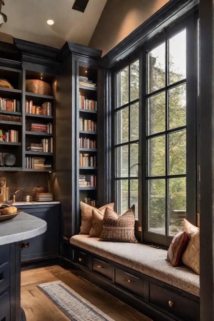 An intimate corner of the kitchen showing a builtin cushioned window seat