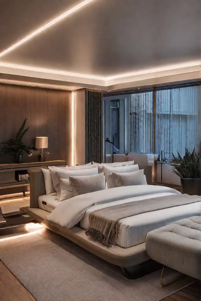 An overhead shot of a bed illuminated by smart LED strip lighting