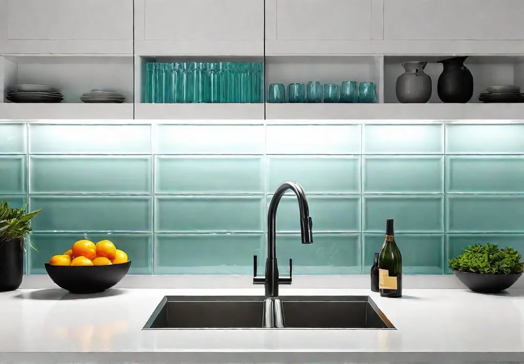 Coastal kitchen backsplash featuring classic subway tiles in soothing sea glass huesfeat