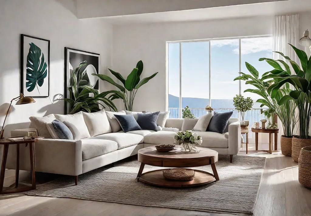 Cozy living room with natural wood furniture plush organic cotton textiles andfeat