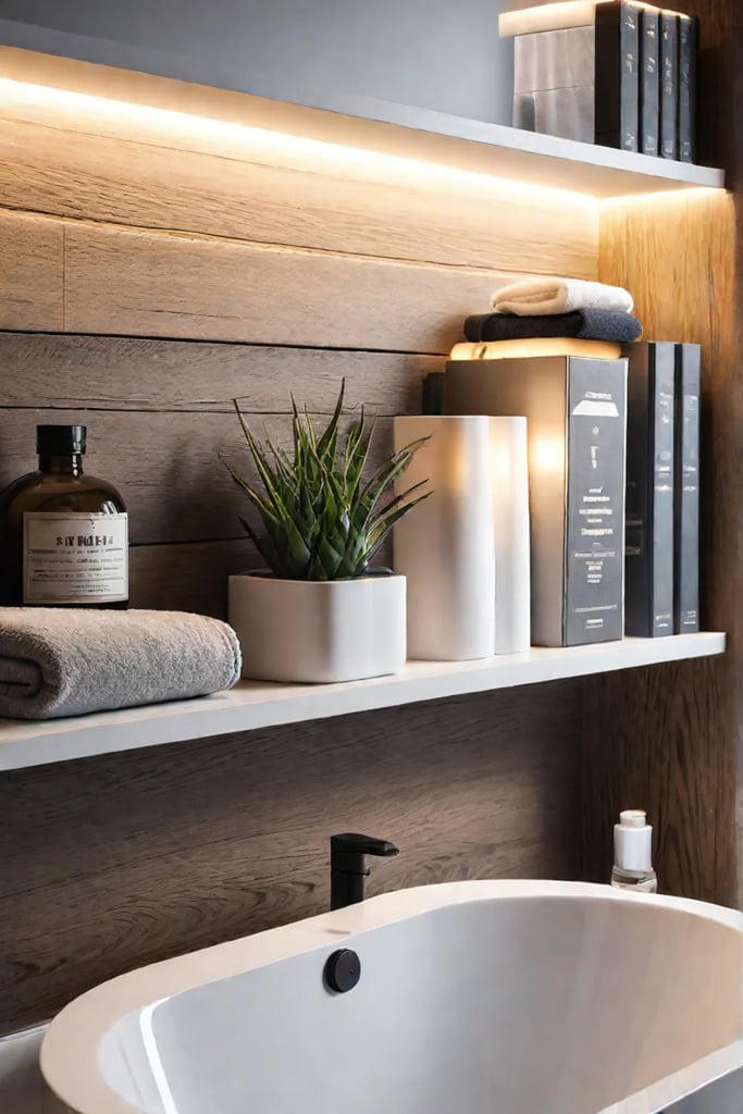 DIY decor on bathroom shelf