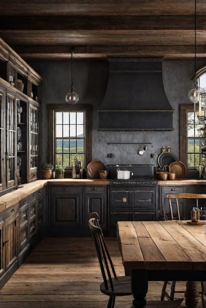Distressed wood cabinets in a farmhouse kitchen