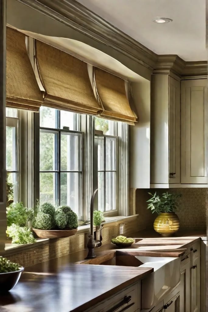 Elegant fabric window treatments framing a kitchen window that overlooks a herb