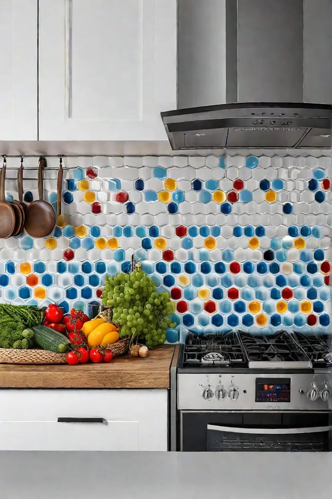 Farmhouse kitchen with a pop of color in the backsplash or accent