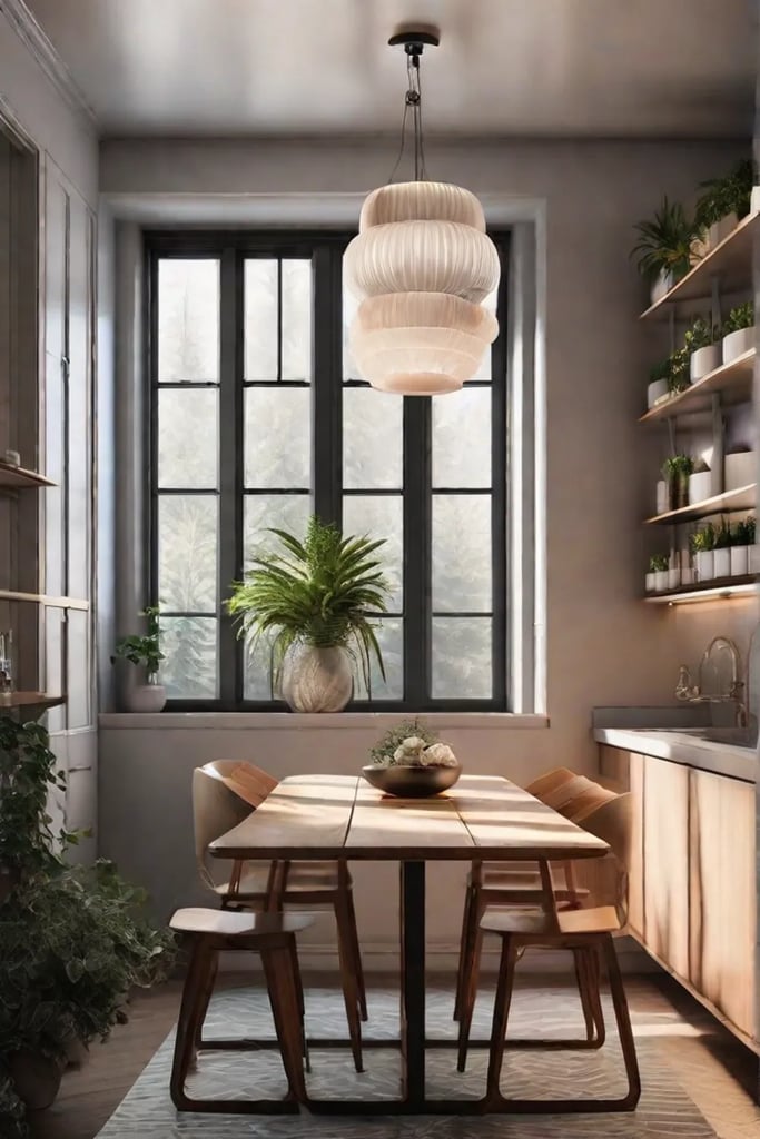 Foldable wooden dining table attached to a kitchen wall flanked by stools