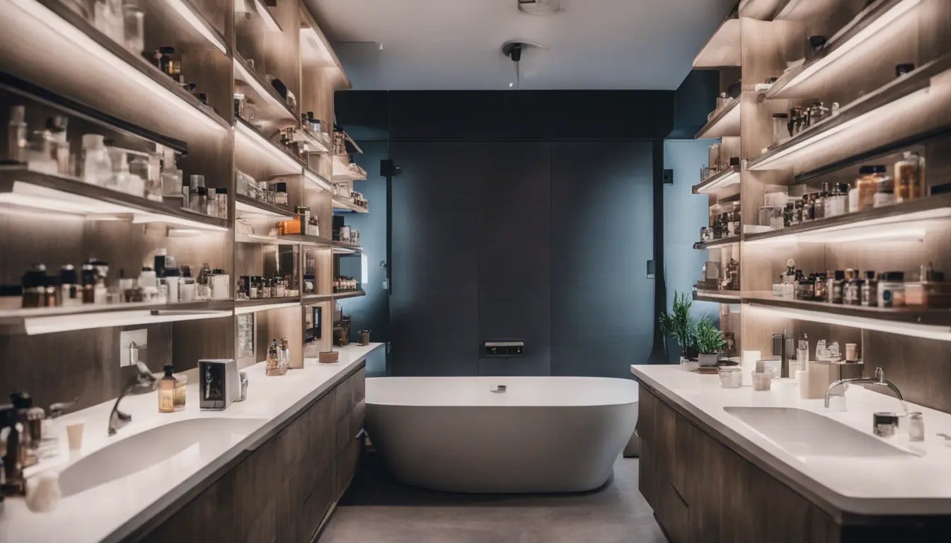 Shelving units and storage cabinets installed in a small bathroom