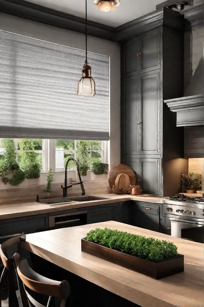 Simple white Roman shades on a kitchen window providing privacy while maximizing