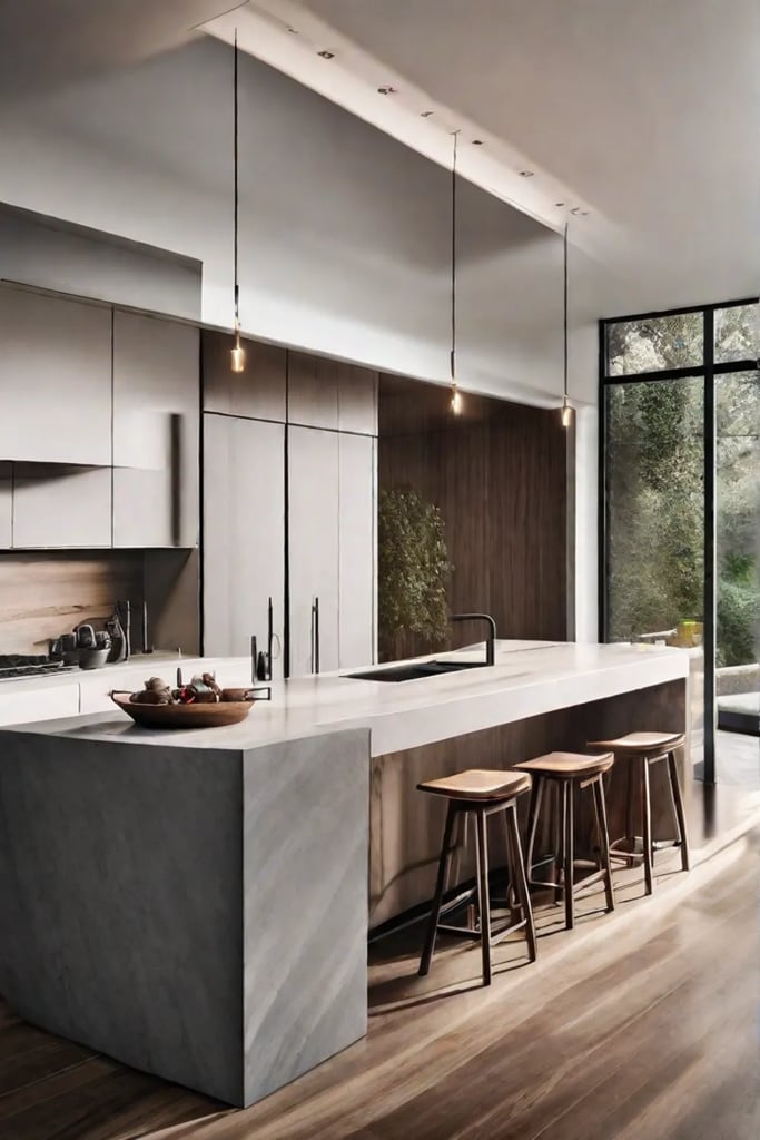 Strategic placement of a large mirror on one wall of a kitchen