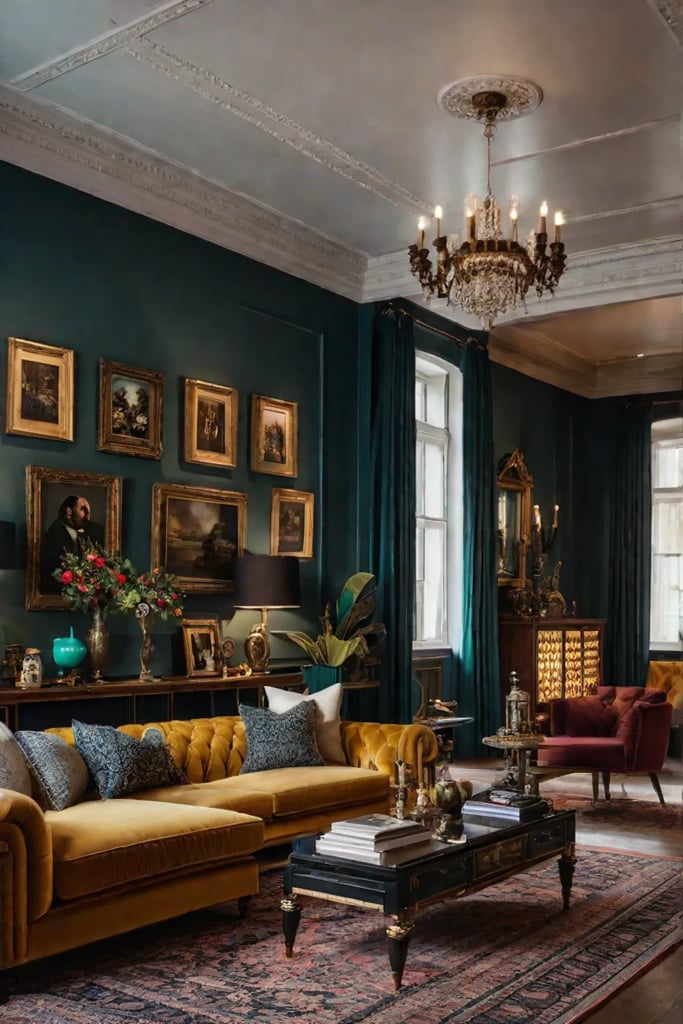 a living room with a bold eclectic mix of furniture textiles and