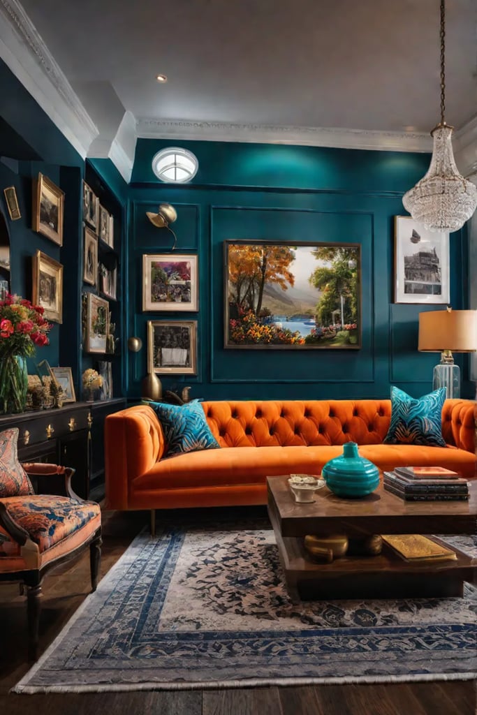 a living room with a mix of patterns textures and colors featuring