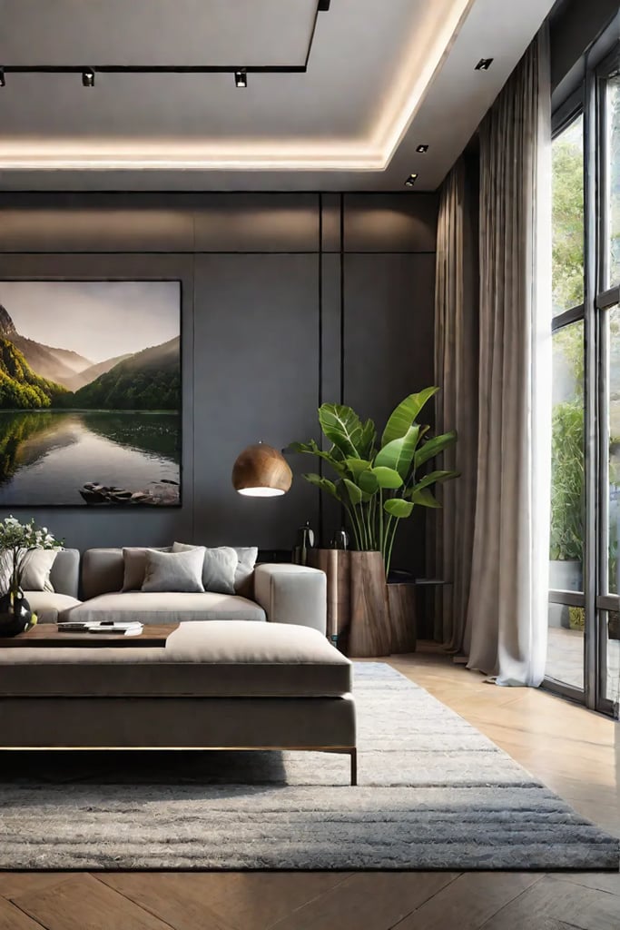 a living room with natural wood accents potted plants and ecofriendly sustainable