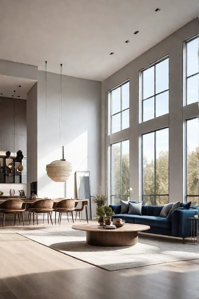 an openplan living room with sleek modern furniture natural light streaming in