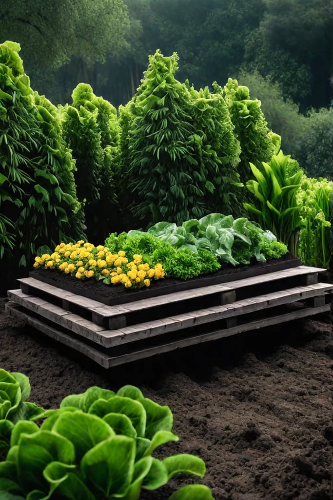 A Hugelkultur garden bed with a raised mound of decaying wood and