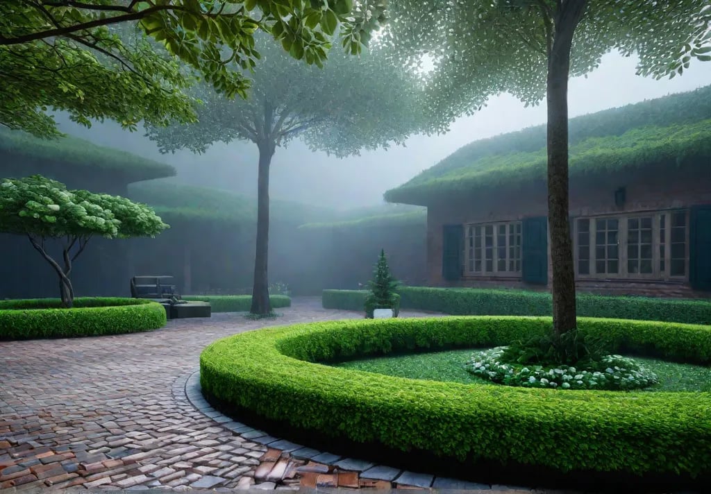 A backyard patio with classic brick pavers arranged in a herringbone patternfeat