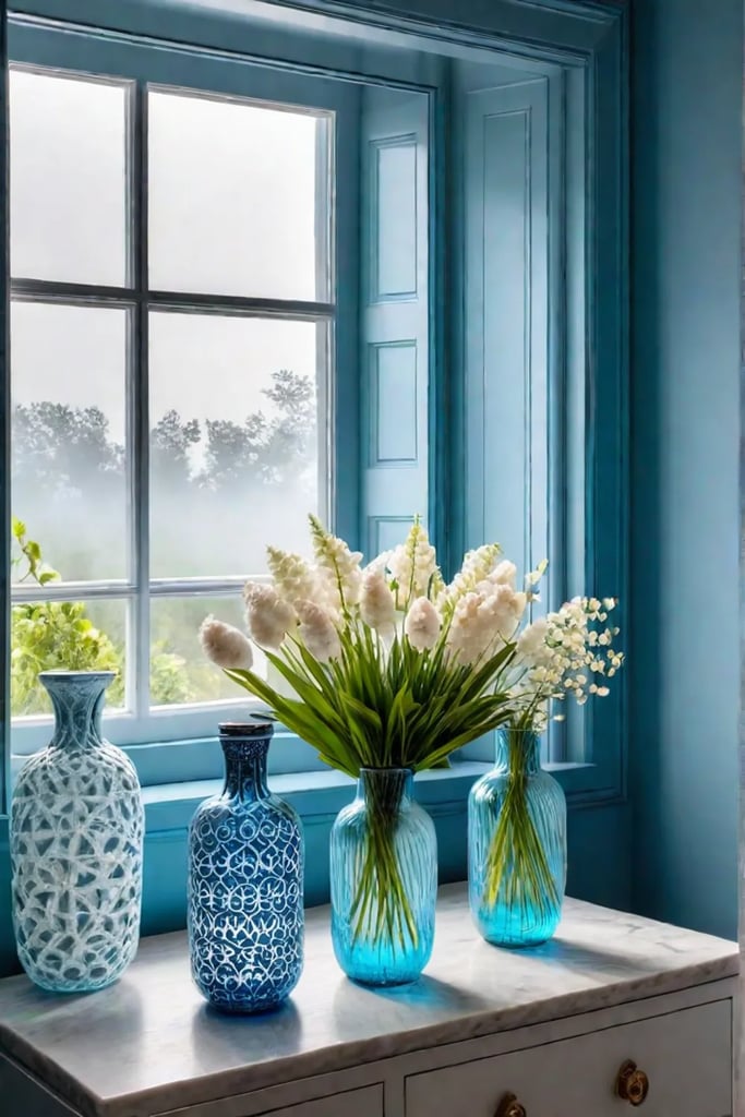 A bathroom decorated with stencil art and repurposed materials