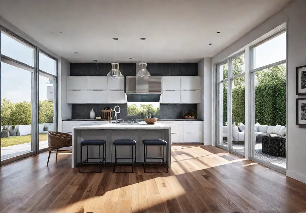 A bright spacious kitchen featuring warm hardwood flooring white cabinets and stainlessfeat