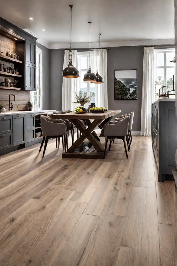 A charming kitchen with laminate flooring that mimics the grain and texture