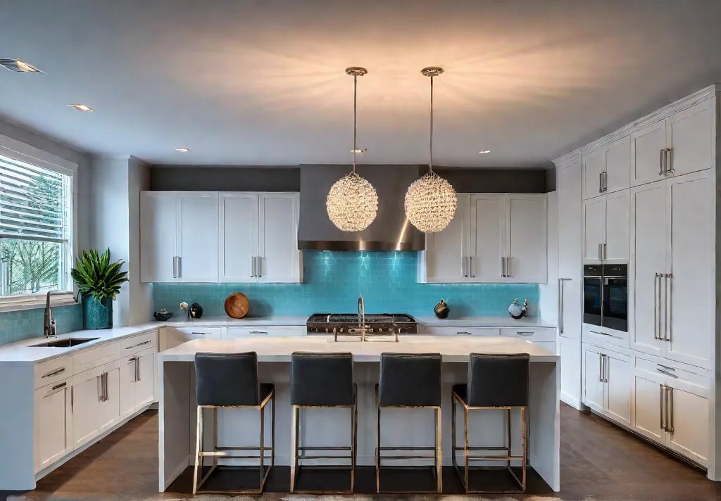 A contemporary kitchen bathed in warm ambient light emanating from recessed ceilingfeat