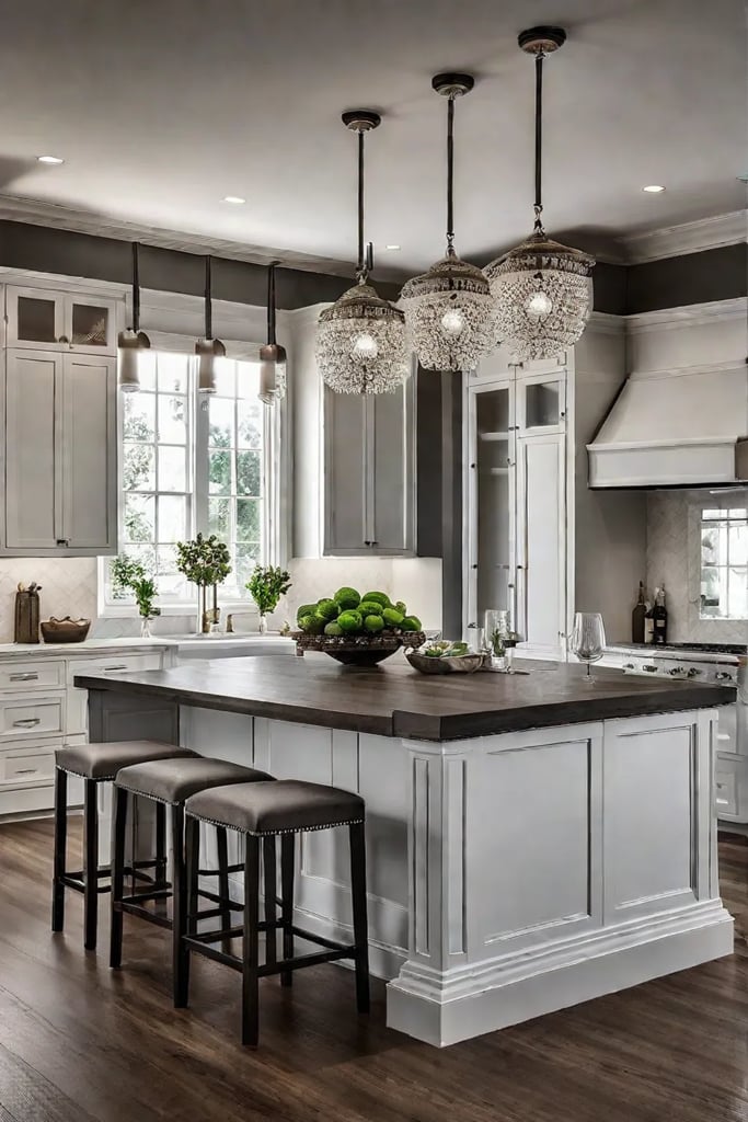 A contrasting island color defining the kitchen area in an openconcept layout