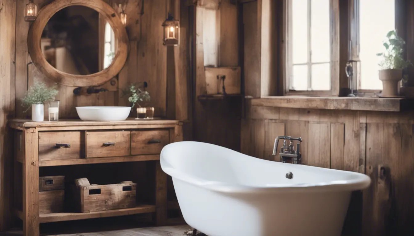 A cozy and inviting farmhouse bathroom with a rustic wooden vanity featuring reclaimed wood, vintage
