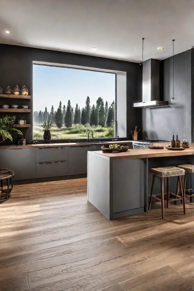 A cozy and inviting kitchen with woodlook tile flooring wooden accents and