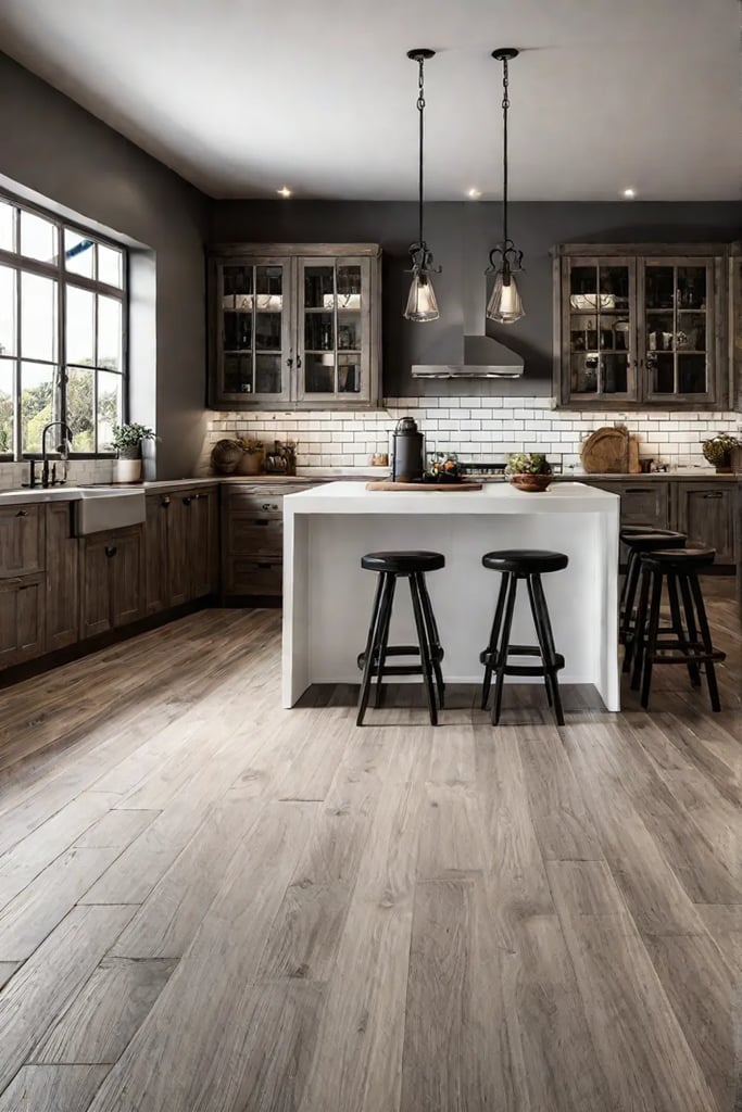 A cozy farmhousestyle kitchen with a combination of warm hardwood and durable