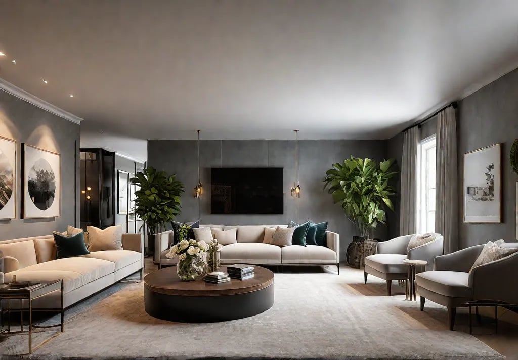 A cozy living room bathed in warm layered lighting from various lampsfeat