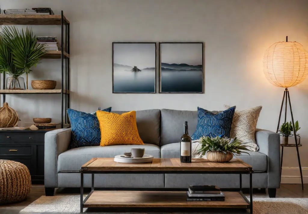 A cozy living room bathed in warm natural light furnished with afeat