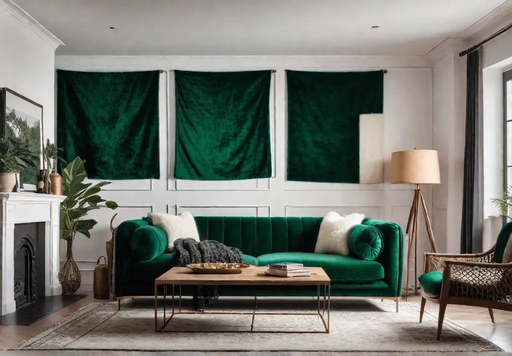 A cozy living room bathed in warm sunlight featuring a plush velvetfeat