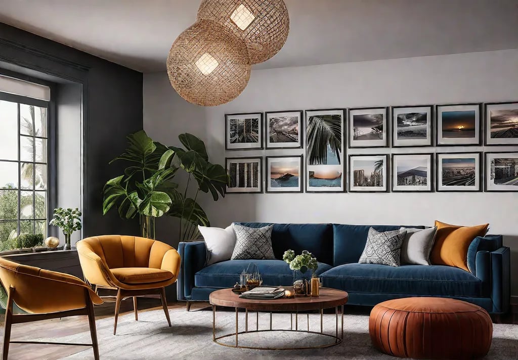 A cozy living room with a gallery wall featuring framed family photosfeat