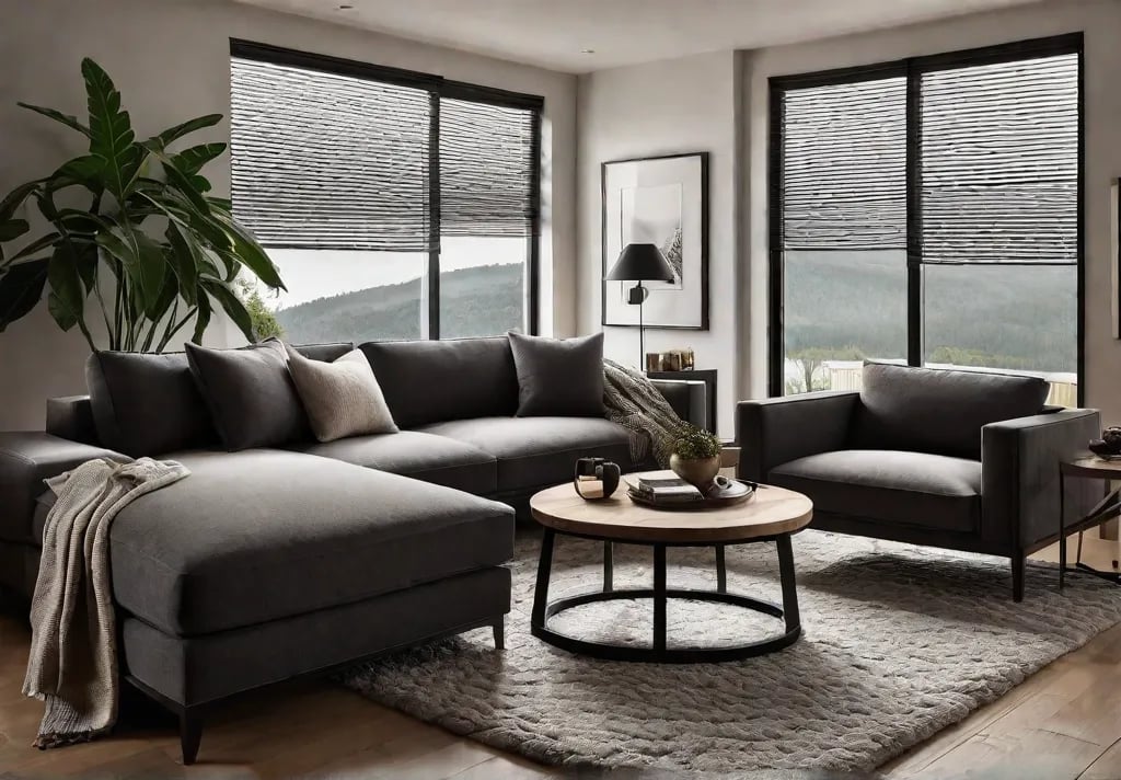 A cozy living room with a neutral color palette featuring a plushfeat