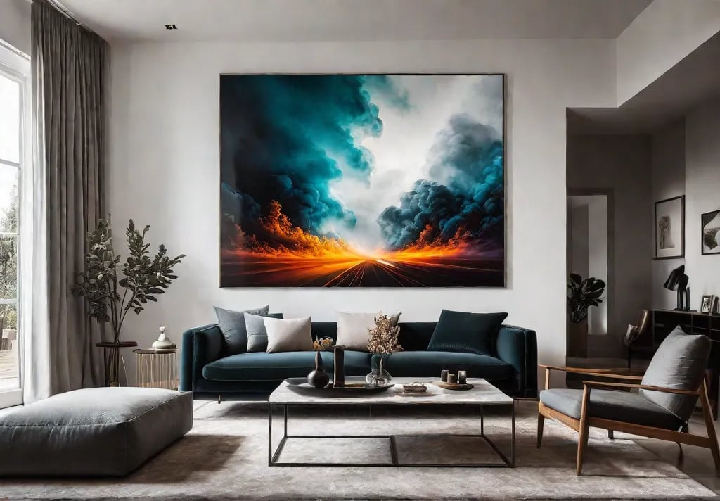 A cozy living room with an oversized abstract painting as the focalfeat