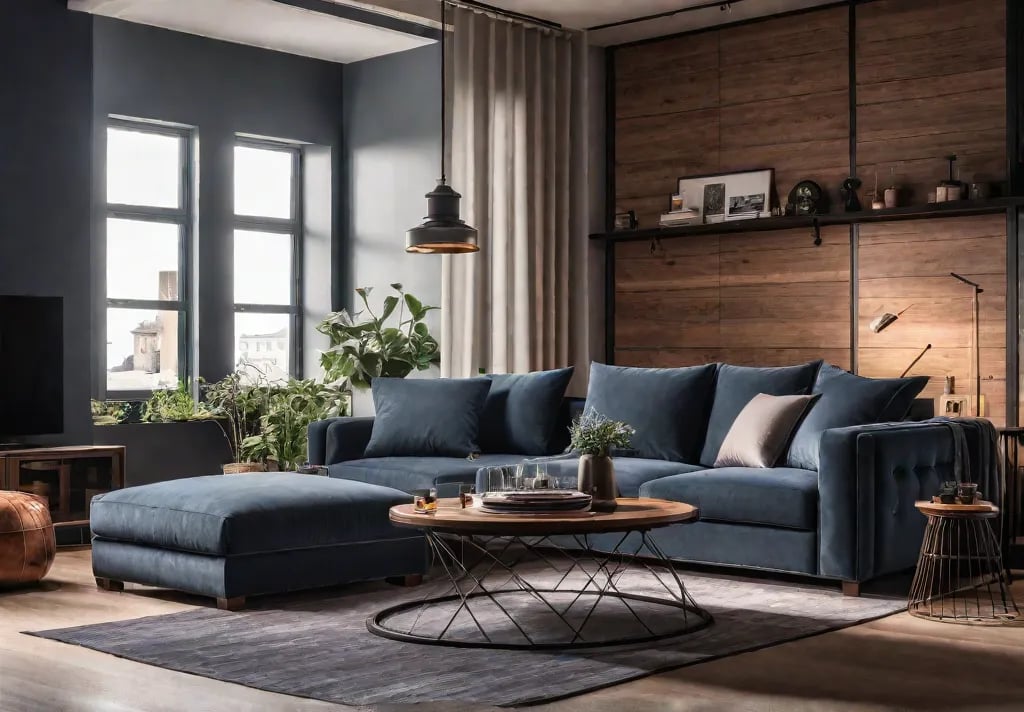 A cozy living room with multipurpose furniture including a sofa bed andfeat