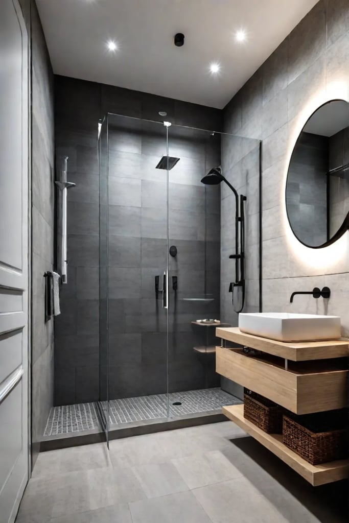 A cozy small bathroom with beige porcelain tiles in a staggered pattern