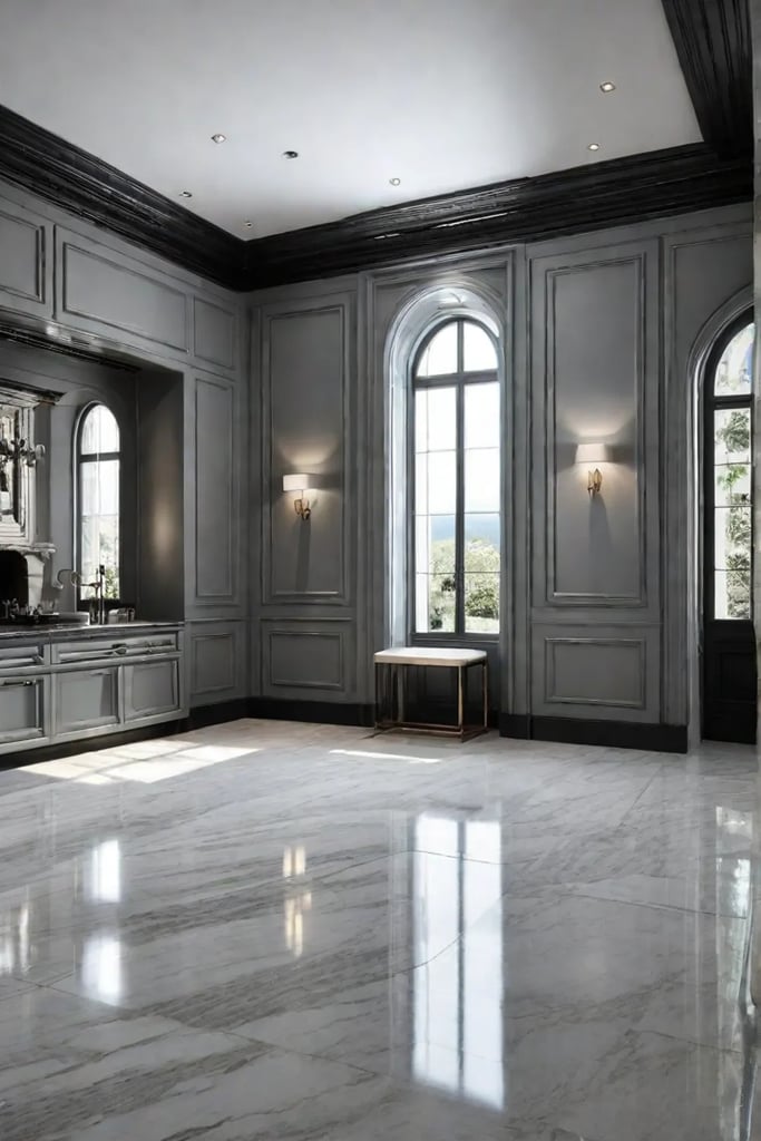 A highend kitchen with a stunning natural stone floor that adds a