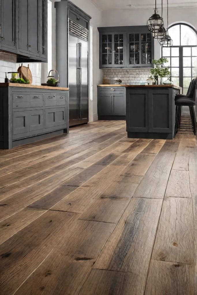 A kitchen featuring reclaimed wood flooring blending history charm and ecoconsciousness