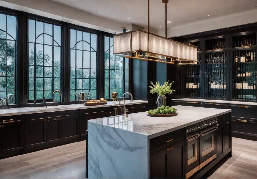 A kitchen island with a white marble countertop and a dark woodfeat