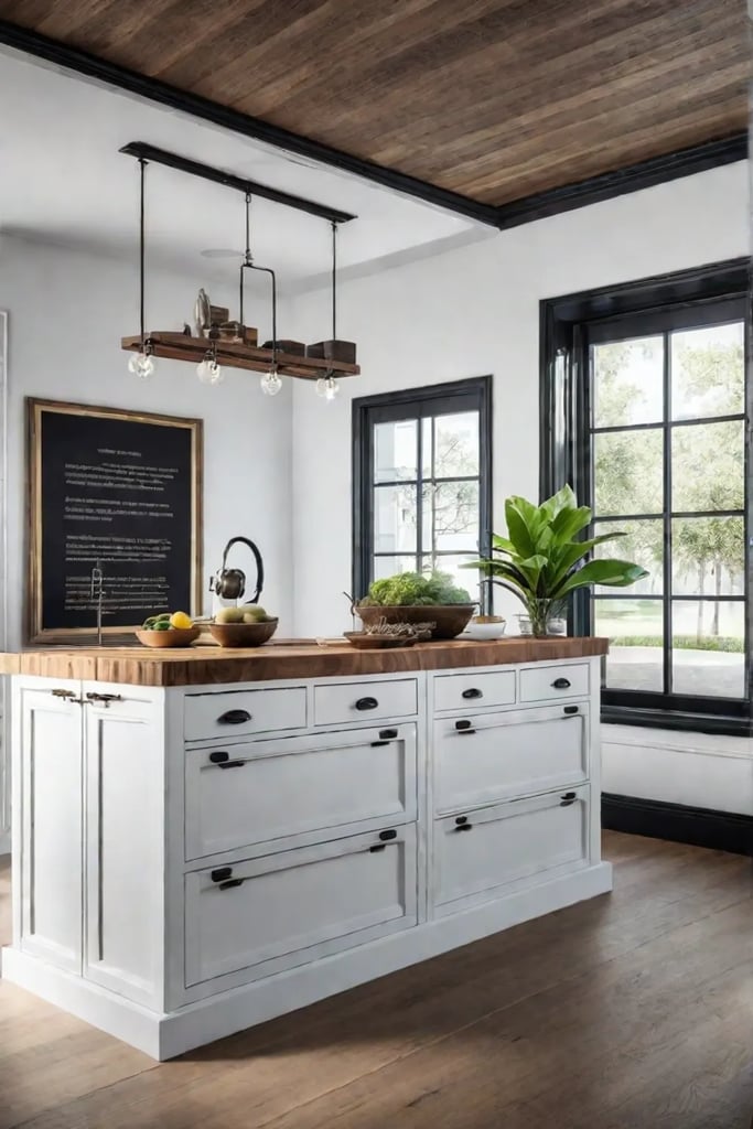 A kitchen island with butcher block countertop and adjustable open shelves displaying