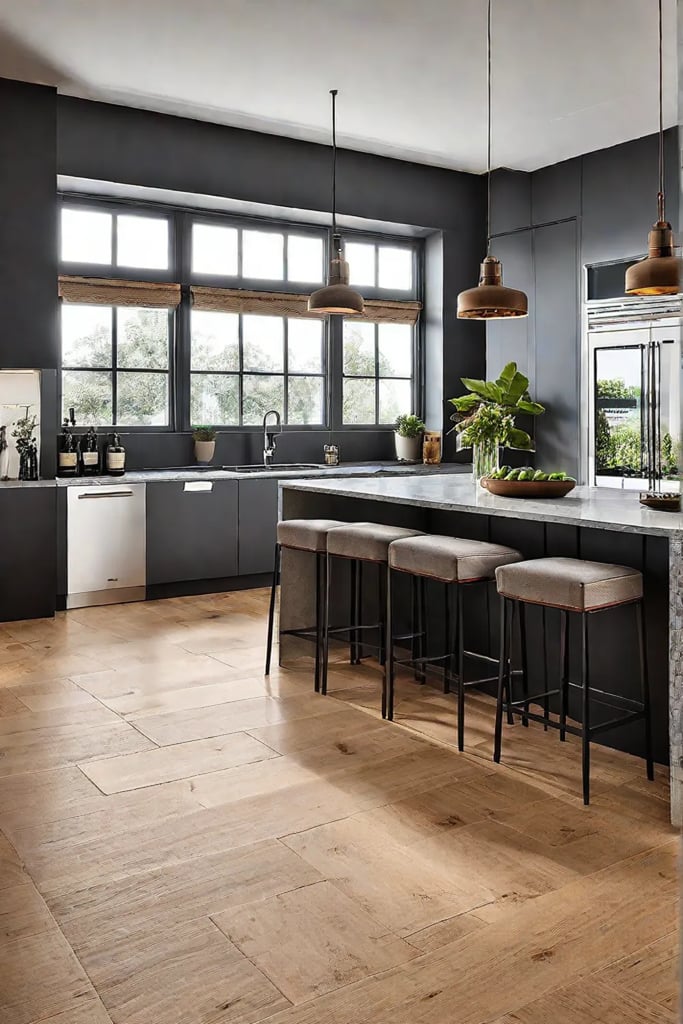 A kitchen with a cork floor that offers a soft cushioned surface