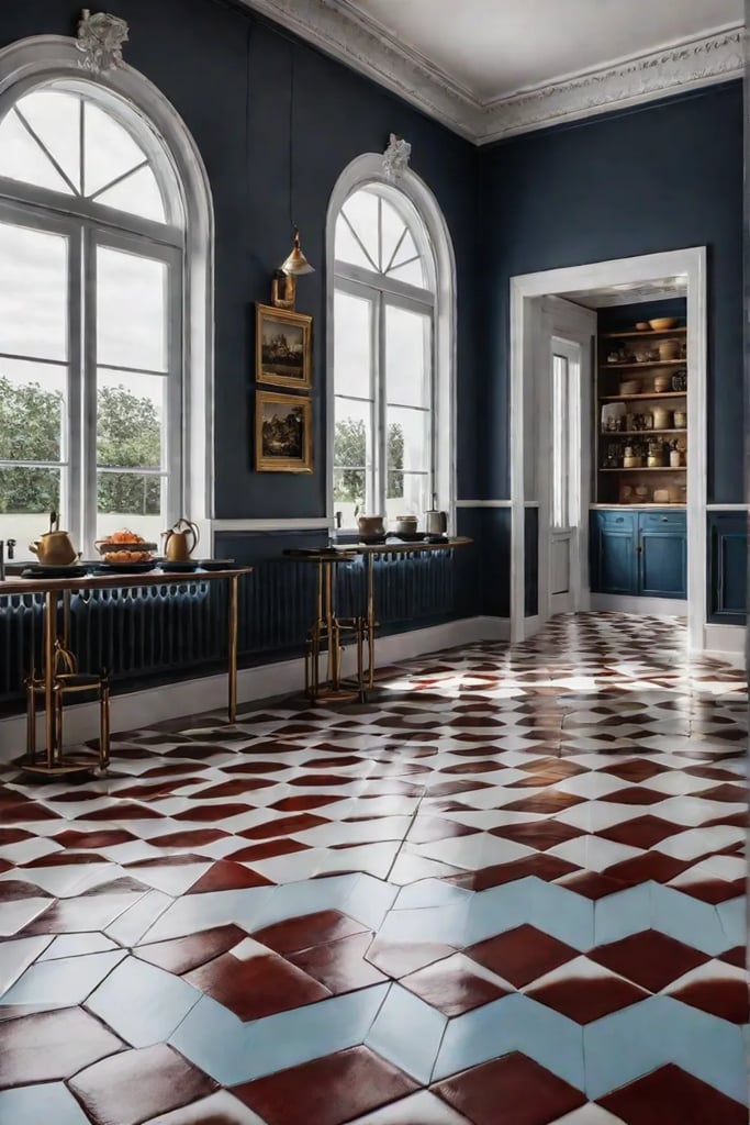 A kitchen with a custompainted or patterned floor that reflects the homeowners
