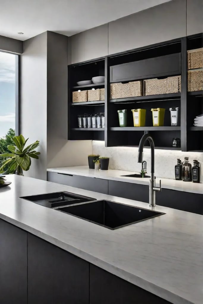 A kitchen with a designated recycling and composting station with labeled bins