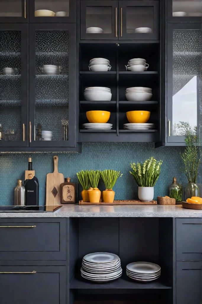 A kitchen with open and closed storage a pegboard for hanging utensils