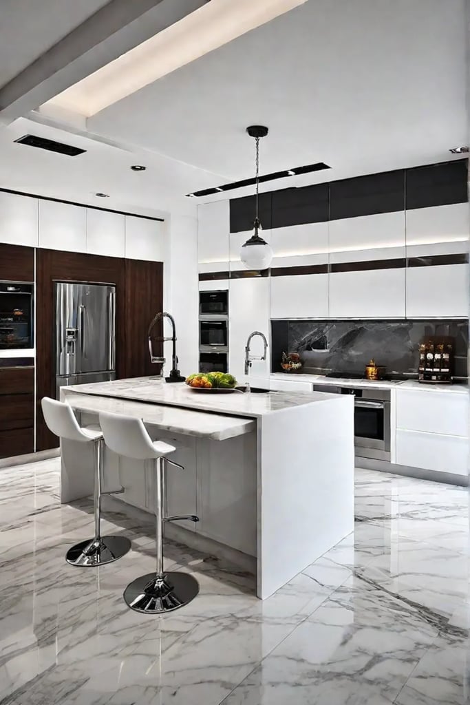 A large luxurious kitchen with beautiful natural stone flooring highend appliances and