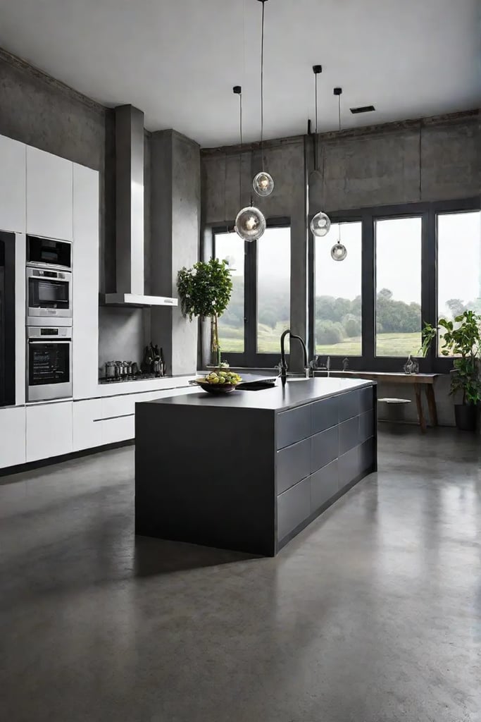 A loftstyle kitchen with exposed beams and a striking concrete floor that