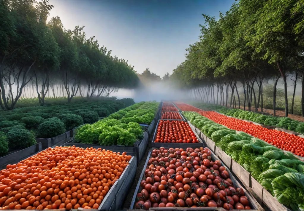 A lush vegetable garden teeming with vibrant rows of carrots onions andfeat